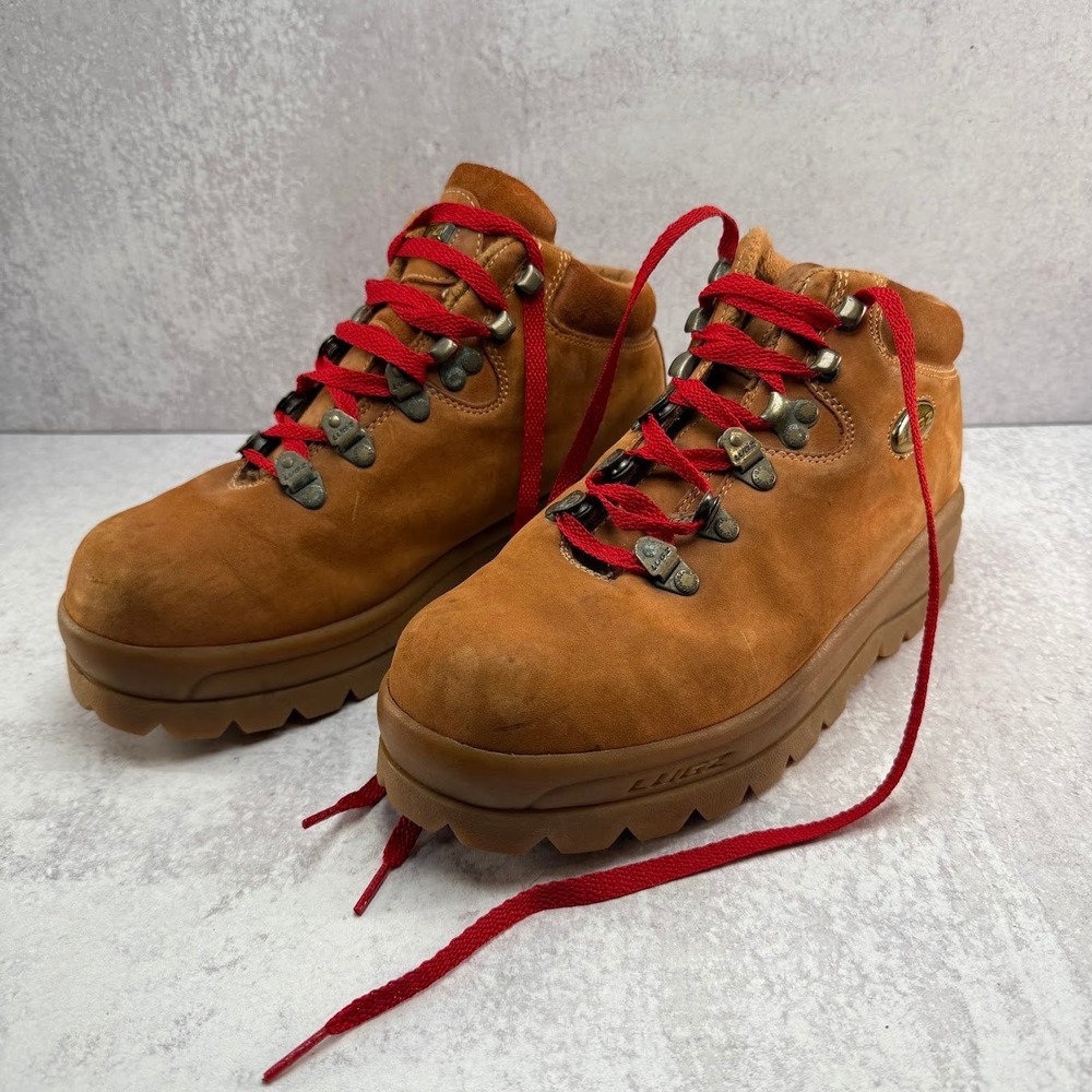 Lugz Wheat Leather Thick Sole Heavy Red Laces Mens Size 9 Hiking Boots